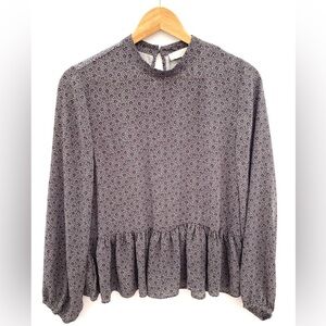 LOFT Gray Floral Ruffle Peplum Hem Blouse - Size XL
